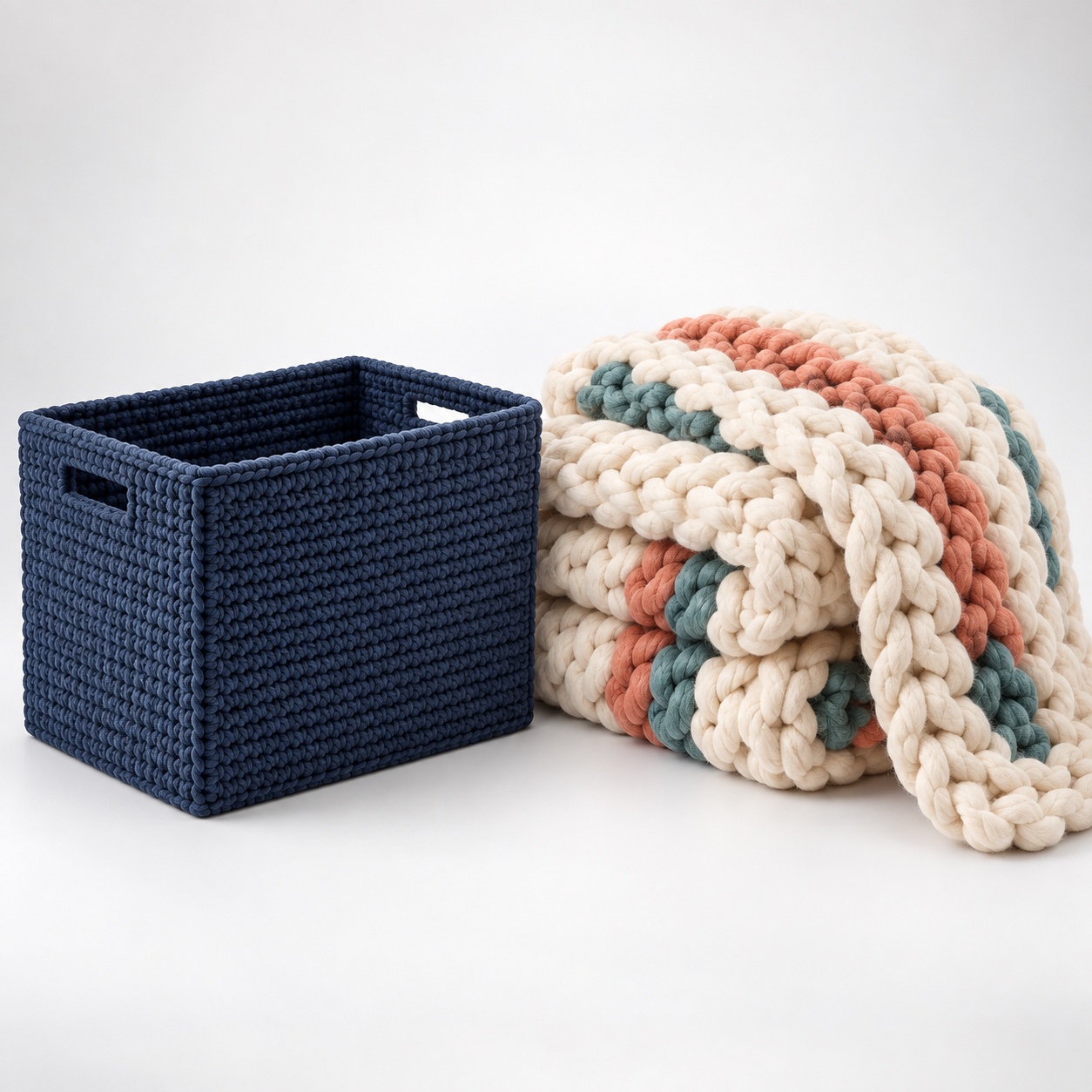 A structured crochet basket and oversized textured blanket in a refined interior setting