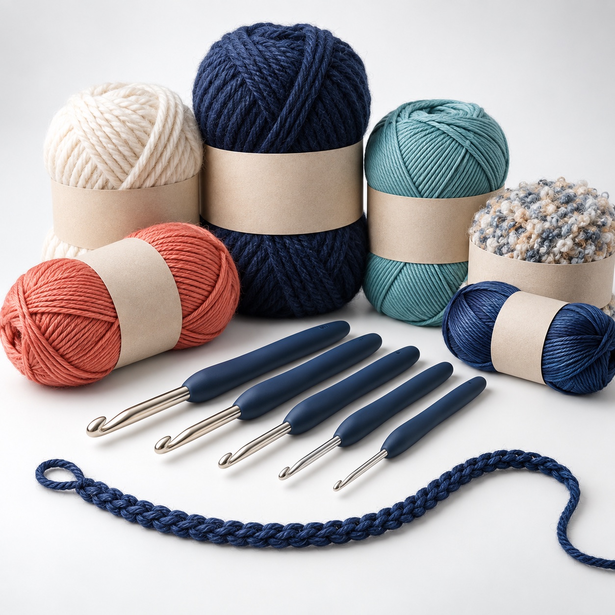 Crochet hooks, yarn, labels, and a foundation chain arranged as a learning set